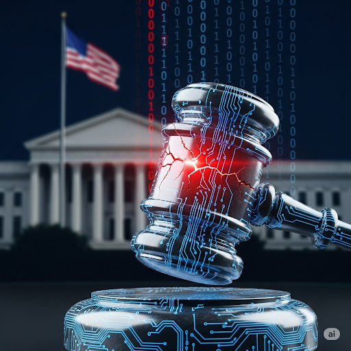 A symbolic image of a digital gavel with a crack, representing the cybersecurity breach of the US Federal Judiciary's case file system.